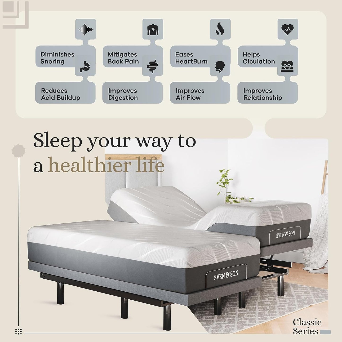 Classic Adjustable Bed Base (Frame) + 14 Inch Hybrid Spring Matt (Medium Soft), Head and Foot Lift, Massage, Under-Bed Lights, USB, Memory, Zero Gravity, Wireless Remote - Split King