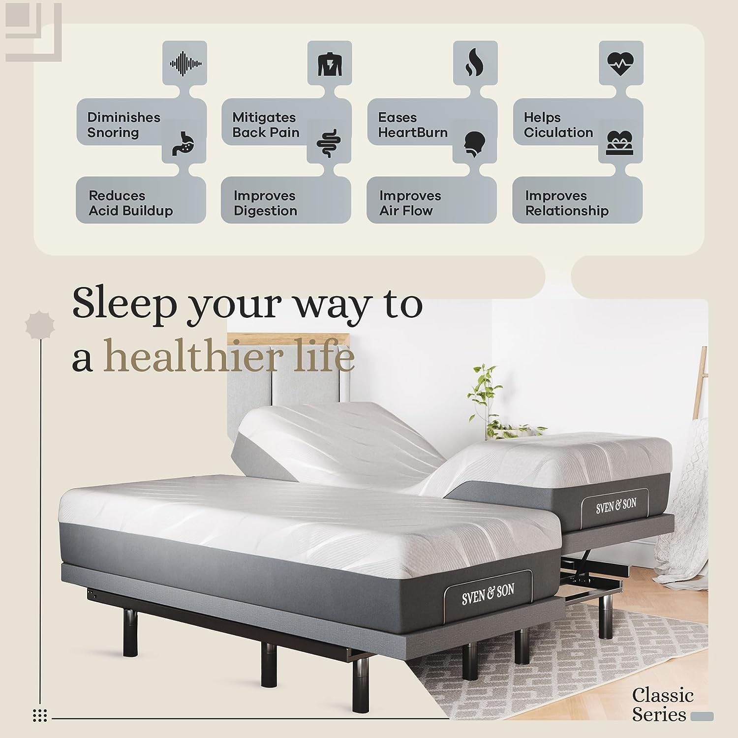 Classic Adjustable Bed Base (Frame) + 14 Inch Hybrid Spring Matt (Medium Soft), Head and Foot Lift, Massage, Under-Bed Lights, USB, Memory, Zero Gravity, Wireless Remote - Split King